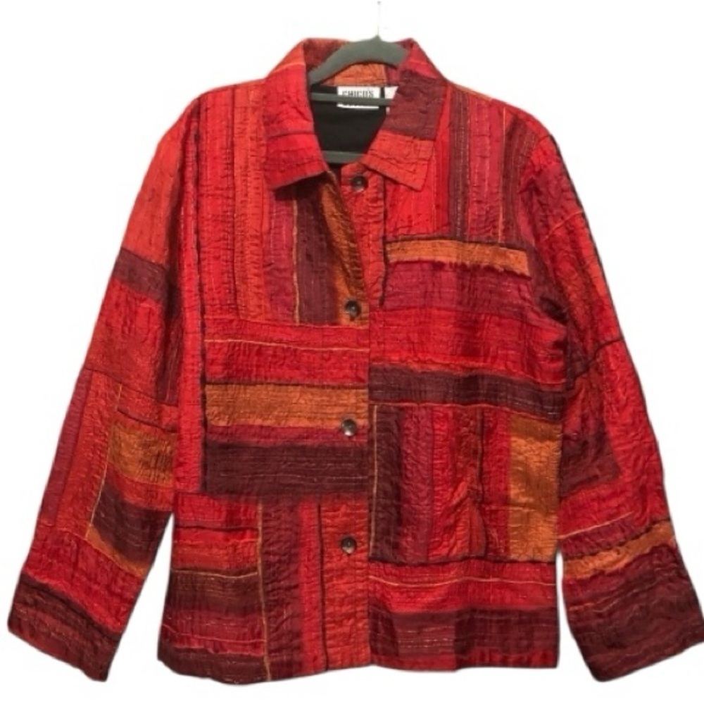 Chico’s Design Multi Red Tones Silk Blend Soft Cotton Lined Vintage Jacket Large